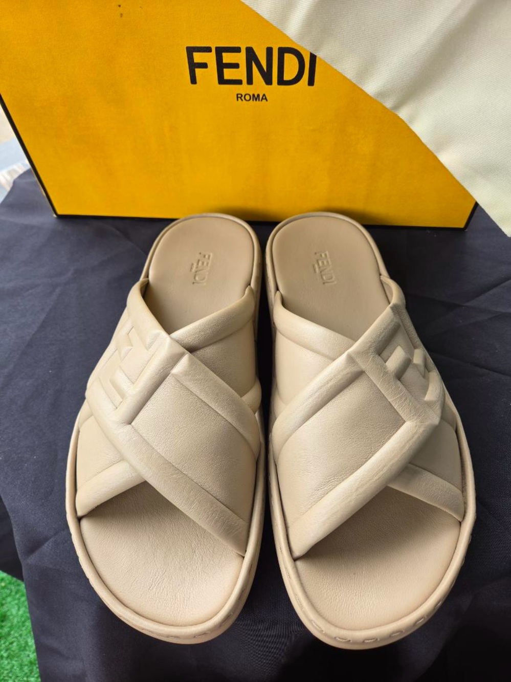 Fendi Cream Crisscross Leather Slide Sandals
